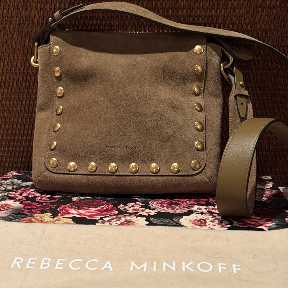 Rebecca Minkoff Tan Suede Crossbody Bag with Gold Studs